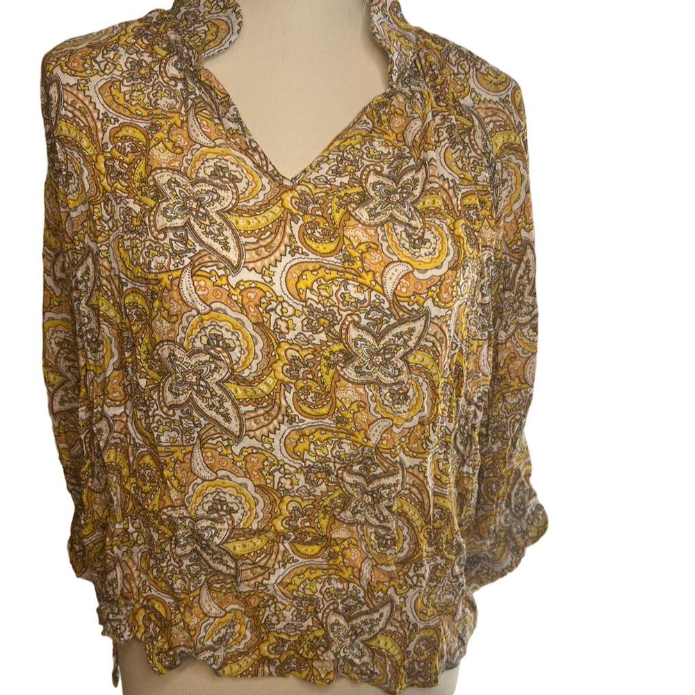 Christian Siriano NY Paisley Print Split Neck Blouse XS Long Sleeve Multicolor